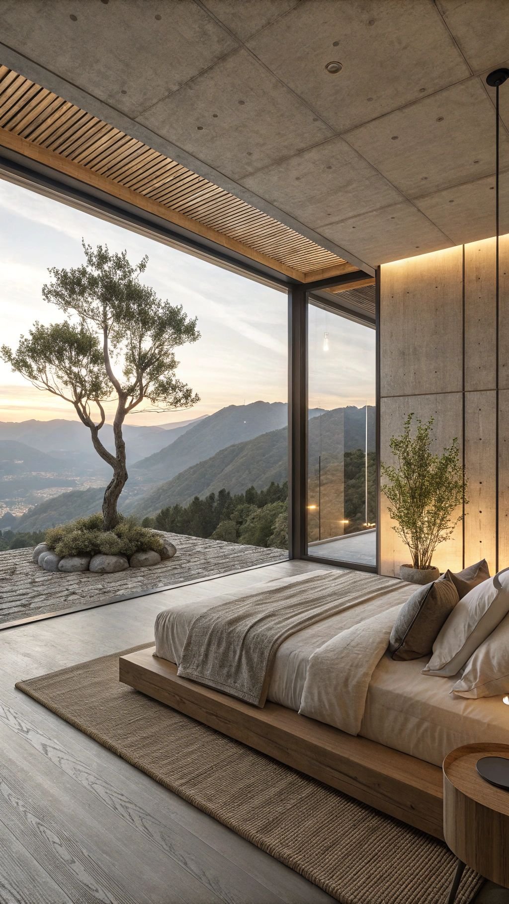 Minimalist luxury bedroom design featuring a floor-to-ceiling window with a mountain view and a serene indoor olive tree.